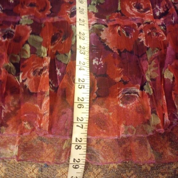 Elastic Waist Floral Print Mesh Overlay Mid Length Skirt - Picture 6 of 9